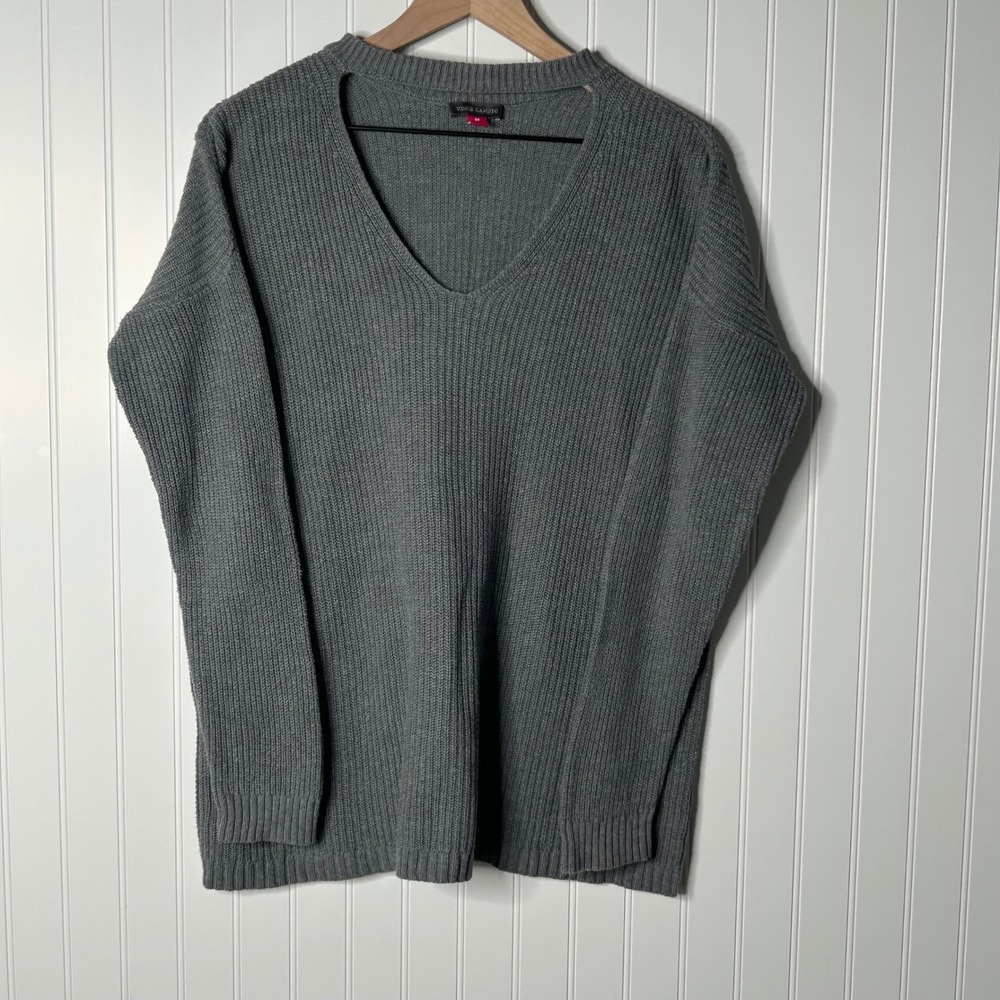 Vince Camuto Gray Ribbed Knit Choker V-Neck Oversized Sweater Medium